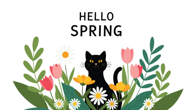 Black cat sits peacefully amidst a vibrant bouquet of spring flowers like tulips and daisies below a Hello Spring greeting text.