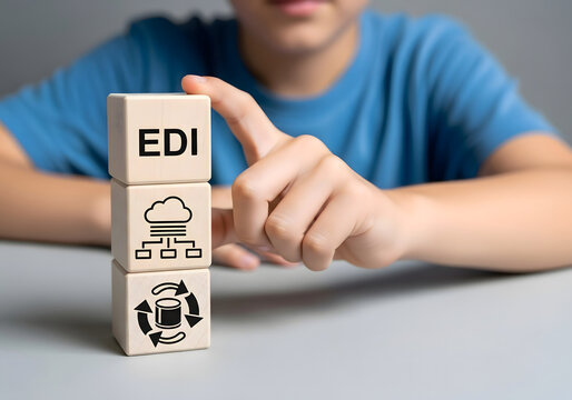 Person interacting with wooden blocks representing edi concepts in a modern workspace setting.