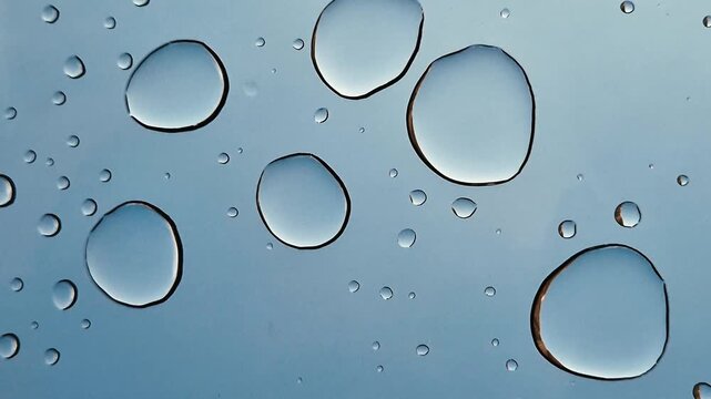 Drops of water or acid on a blue background, close-up