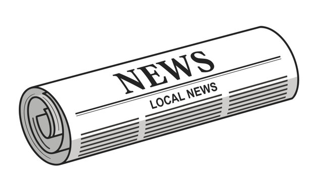 Classic rolled up newspaper titled Local News provides the latest headlines and daily information on a plain white background.