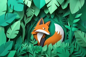 Fototapeta premium Charming fox in lush forest scene created with paper art in vibrant colors and 3D cutout design