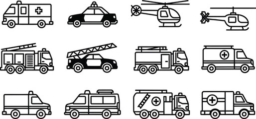 Emergency vehicle icons set ambulances fire trucks police cars and helicopters © Grafixtotal