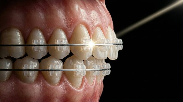 Closeup ceramic braces on teeth showing orthodontist adjusting archwire with probe, clear ceramic