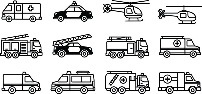 Emergency vehicle icons set ambulances fire trucks police cars and helicopters