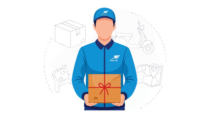 Swift Delivery: A focused delivery courier stands ready, holding a package with precision, surrounded by elements representing efficient transportation and reliable service. © Rahimatul