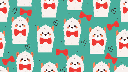 Fototapeta premium cute seamless pattern cartoon llama with red bow. cute animal background pattern for desktop wallpaper