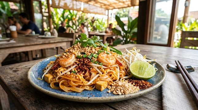 Traditional Thai Pad Thai Noodles with Shrimp and Peanuts Served at an Outdoor Restaurant