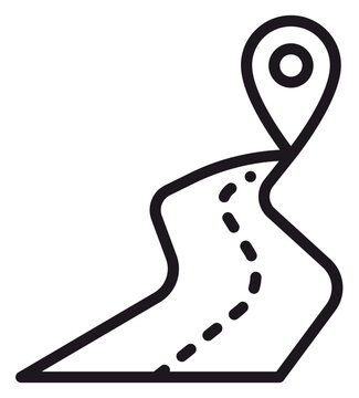 Winding road with dashed center line and map pin location marker icon. Minimalist black vector illustration for navigation, travel route, destination tracking, GPS mapping, and journey planning.