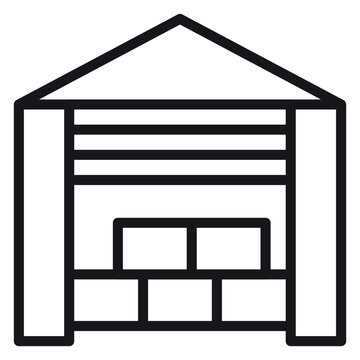 Warehouse storage unit vector icon with stacked boxes inside, minimalist black line illustration for logistics, distribution, and inventory management concepts, scalable graphic symbol on white.