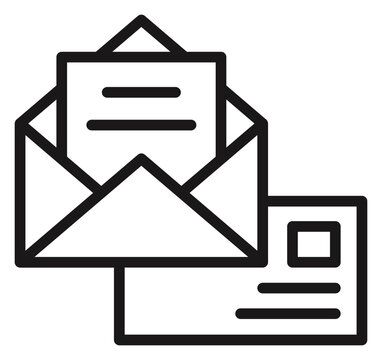 Minimalist black line vector icon illustration of an open envelope with a letter inside and a postcard behind it, symbolizing mail, communication, email, newsletter, and correspondence.