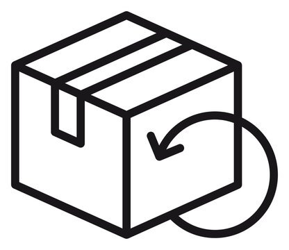 Return package vector icon illustration. Minimalist black line art symbol of a cardboard box with a circular return arrow, representing product refunds, shipping exchanges, and logistics.