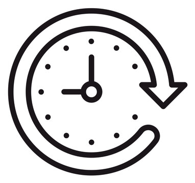Black line vector icon of a clock with a circular arrow, representing history, backup, restore, or time management. Minimalist scalable illustration for web, app design, and business concepts.