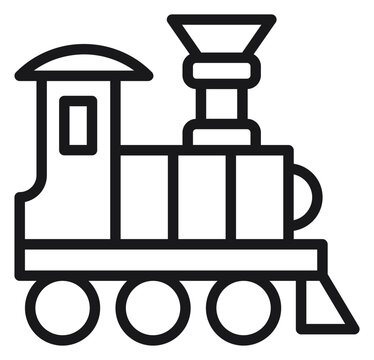 Minimalist black line vector icon of a vintage steam locomotive train engine, scalable illustration of a classic railway transport vehicle for travel, logistics, and transportation design.