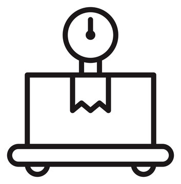 Black line art vector icon of a cardboard box package on a platform scale, representing shipping weight, logistics, delivery, parcel measurement, and warehouse operations. Minimalist symbol.