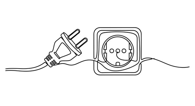 Minimalist black line drawing of an electrical plug and socket on white background