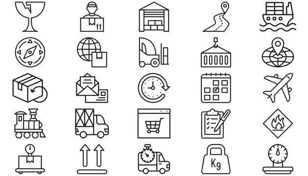 Logistics and shipping vector icon set featuring 25 black minimalist symbols for delivery, e-commerce, transportation, warehouse, navigation, global trade, freight, and business management.