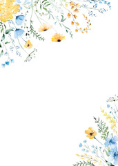 Naklejka premium Floral frame with yellow and light blue watercolor wildflowers, spring wedding illustration