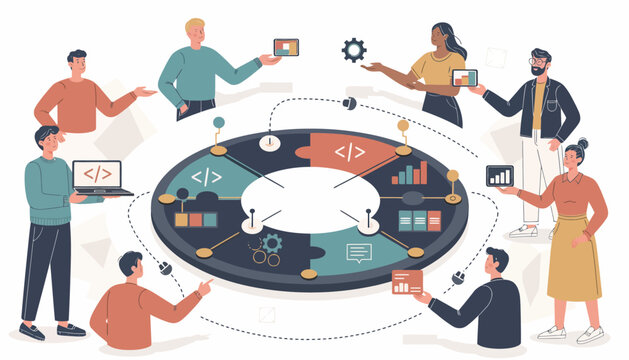 group of people collaborating on coding project vector illustration