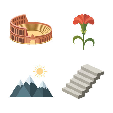 Cartoon colosseum flower mountain with sun stairs icon set on white background