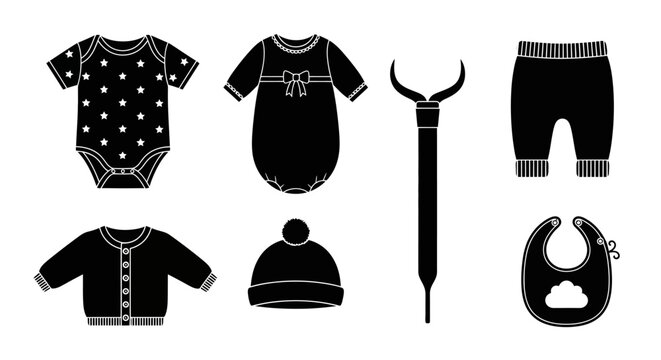 Baby Clothes Silhouette Icon Set: Bodysuit, Sleepsuit, Cardigan, Hat, Bib, Pants, Tie