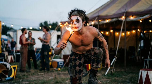 Man circus performer wearing clown makeup breathing fire with torch. Professional artist entertaining audience at night fairground. Talented fire breather showcasing dangerous skills.