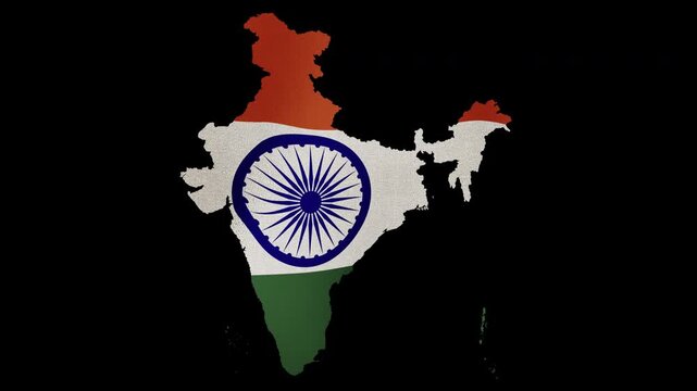 An India map animation filled with a waving Indian flag on a transparent background, high quality, patriotic symbol, South Asian country concept