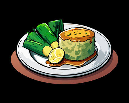 Traditional green leaf wrapped rice with meat served on a black plate for authentic Indonesian street food snack - Vector Illustration
