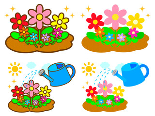 お花に水やりするジョウロのガーデニングイラスト素材セット3 © kiko