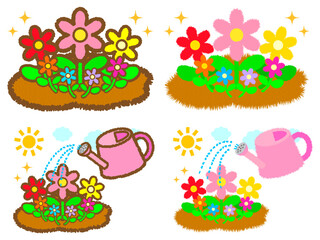 お花に水やりするジョウロのガーデニングイラスト素材セット © kiko