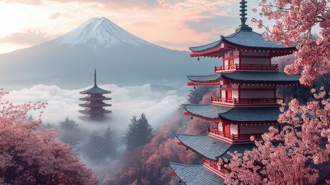 Misty morning, Japanese pagodas, Fuji mountain, cherry blossoms.  Possible stock photo use Nature, travel, serenity