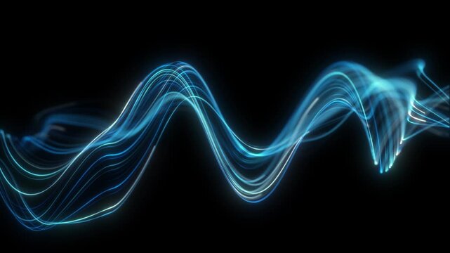 Sound Waves Frequency, Futuristic Look Audio Waveform Graph in seamless loop. Glowing blue neon wave lines on dark background. Digital data flow motion, smooth energy waveform, abstract technology