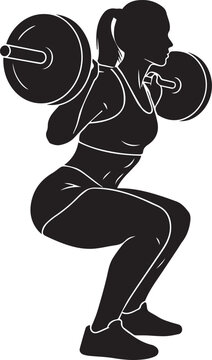 Strong woman performing barbell back squat exercise silhouette for fitness bodybuilding powerlifting and healthy gym lifestyle.