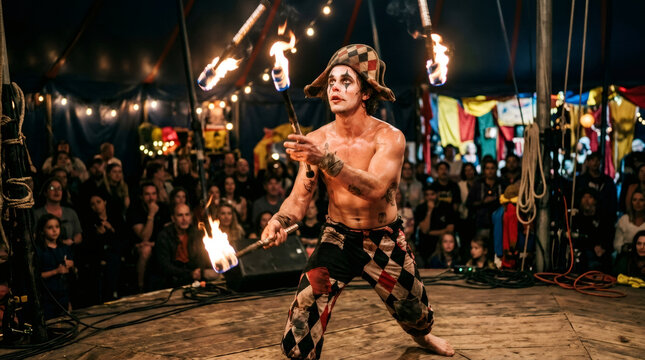 Juggler performing a fire show in a circus. Man in clown costume juggling flaming batons for an audience. Energetic entertainment and daredevil skill at a night performance event.
