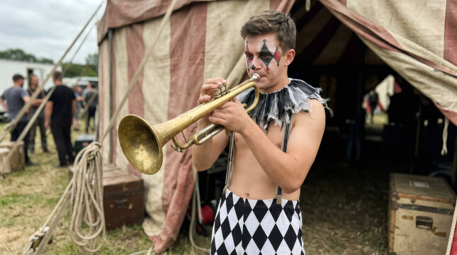 Clown playing trumpet outside circus tent. Man in pierrot costume performing with brass instrument. Professional entertainer with face paint for public event. Artistic circus show concept.