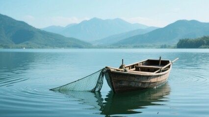 Obraz premium Wooden fishing boat with net floating on calm lake surrounded by mountains