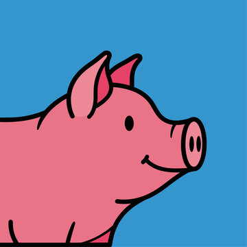 Smiling Pink Cartoon Pig Face Closeup.