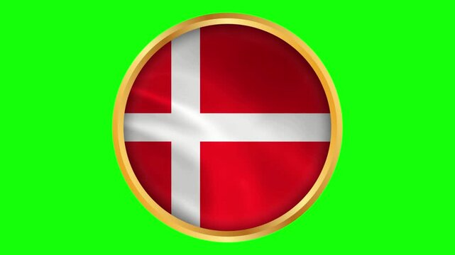 Denmark Round Framed National Wavy Flag. Circular Blowing Flag of Dannebrog with Gold Frame.