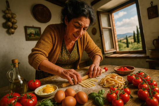 Elderly Italian woman making fresh pasta in a rustic kitchen with a scenic countryside view