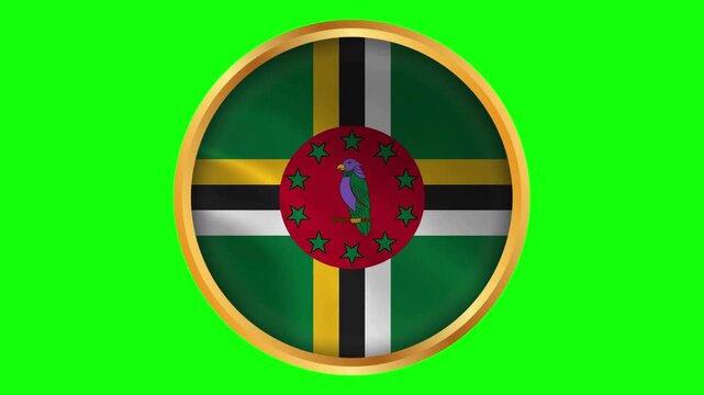 Dominica Round Framed National Wavy Flag. Circular Blowing Flag of Dominica Commonwealth with Gold Frame.
