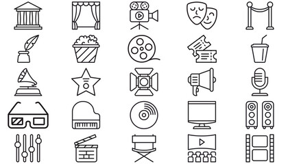 25 Minimalist Black Vector Icon Set Collection for Cinema, Music, and Entertainment. Includes Film Reel, Movie Camera, Clapperboard, Theater Stage, Popcorn, Piano, Microphone, Masks, and Media © Zainab
