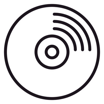 Black line art vector icon of a compact disc or vinyl record, representing digital media storage, music audio, and data technology, clean minimalist symbol for web and app design projects.