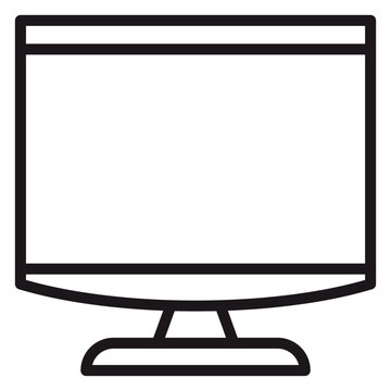 Minimalist black line art vector icon of a computer monitor or television display screen on a stand, isolated on a white background for technology, media, and digital interface design projects.