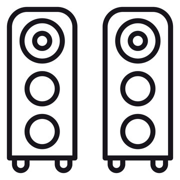 Pair of floor-standing hi-fi audio speakers vector icon. Minimalist black line art illustration of a stereo sound system for music and home entertainment. Scalable graphic symbol on white.