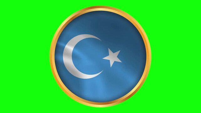 East Turkestan Round Framed Wavy Flag. Circular Blowing Flag of Uyghuristan with Gold Frame