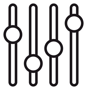 Minimalist black vector icon illustration of four vertical equalizer sliders with circular knobs at different levels, representing audio mixing, system settings, and volume control interface.