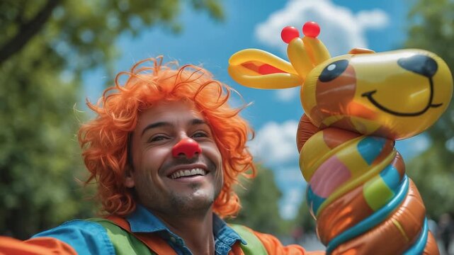 Man wears clown costume with orange hair and holds balloon animal at festival in city park during summer afternoon