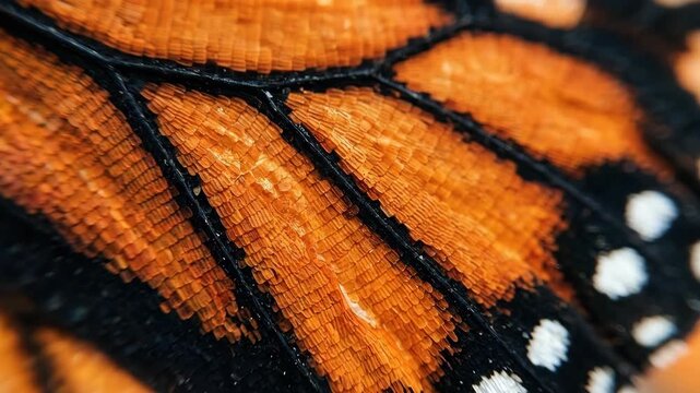A macro photograph of a monarch butterfly wing section revealing extraordinary structural detail, the individual scales overlapping like terracotta roof tiles in vivid orange with