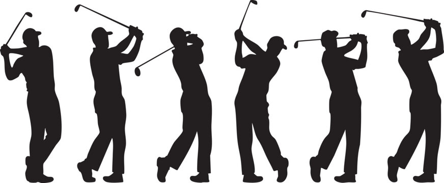 Five black silhouette golfers performing sequential full swing motions black silhouettes
