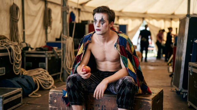 Man circus performer wearing jester makeup holding apple backstage in tent. Professional clown preparing for show performance during break. Artistic lifestyle and entertainment industry concept.