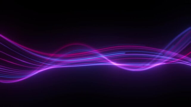 Pink sound wave frequency. Purple neon futuristic sound wave graph in a continuous loop. Audio visualizer, sound analyzer screen. Music wave, violet audio space. Black equalizer interface. 4K 60 fps.